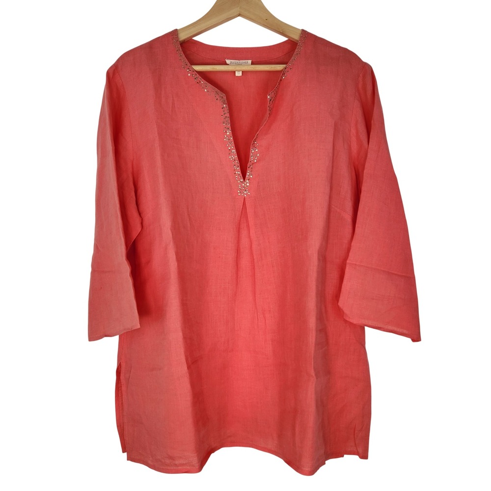 Eileen Fisher Woman Coral Pink 100% Irish Linen Sequin Split Neck Tunic Top 1X‎